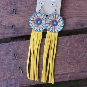 Leather Sunflower Yellow Suede Fringe Earrings